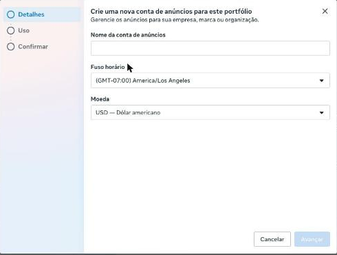 Tela de criação da conta de anúncios no Gerenciador