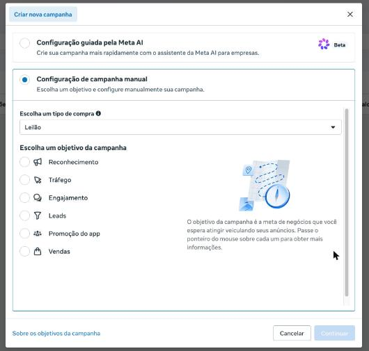 Tela com os seis objetivos de campanha