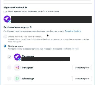 Tela de escolha do destino do clique com opções de mensagem