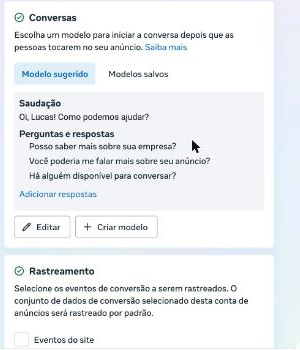 Prévia da conversa inicial no WhatsApp com saudação e perguntas rápidas