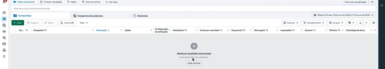 Painel do Gerenciador de Anúncios vazio com o botão Criar
